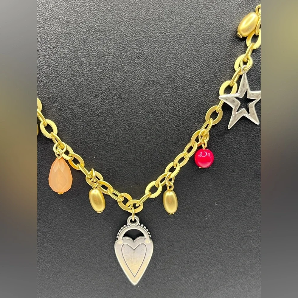 Charm Necklace Bee Heart Star Butterfly Gold Tone with Colorful Beads  Long